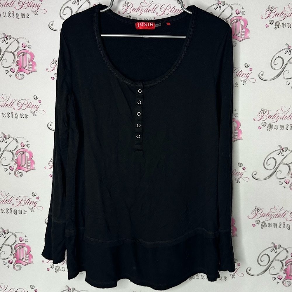 Josie natori Black Women's Top buttons long sleeve soft comfy cute scoop neck
